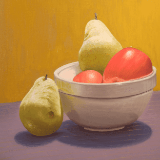 Student work: painting of bowl of pears and red apples