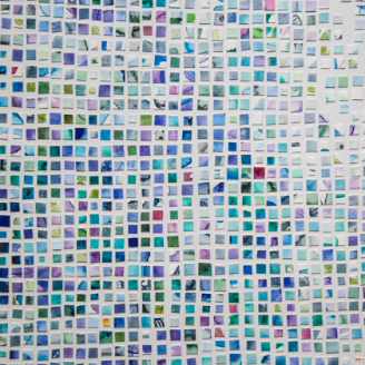 Student created piece using hundreds of small, blue and purple tiles