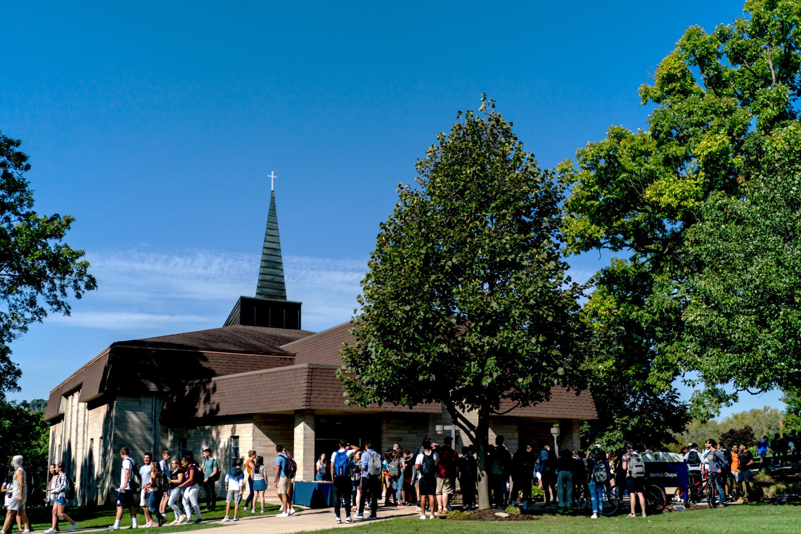 Students outside of chapel