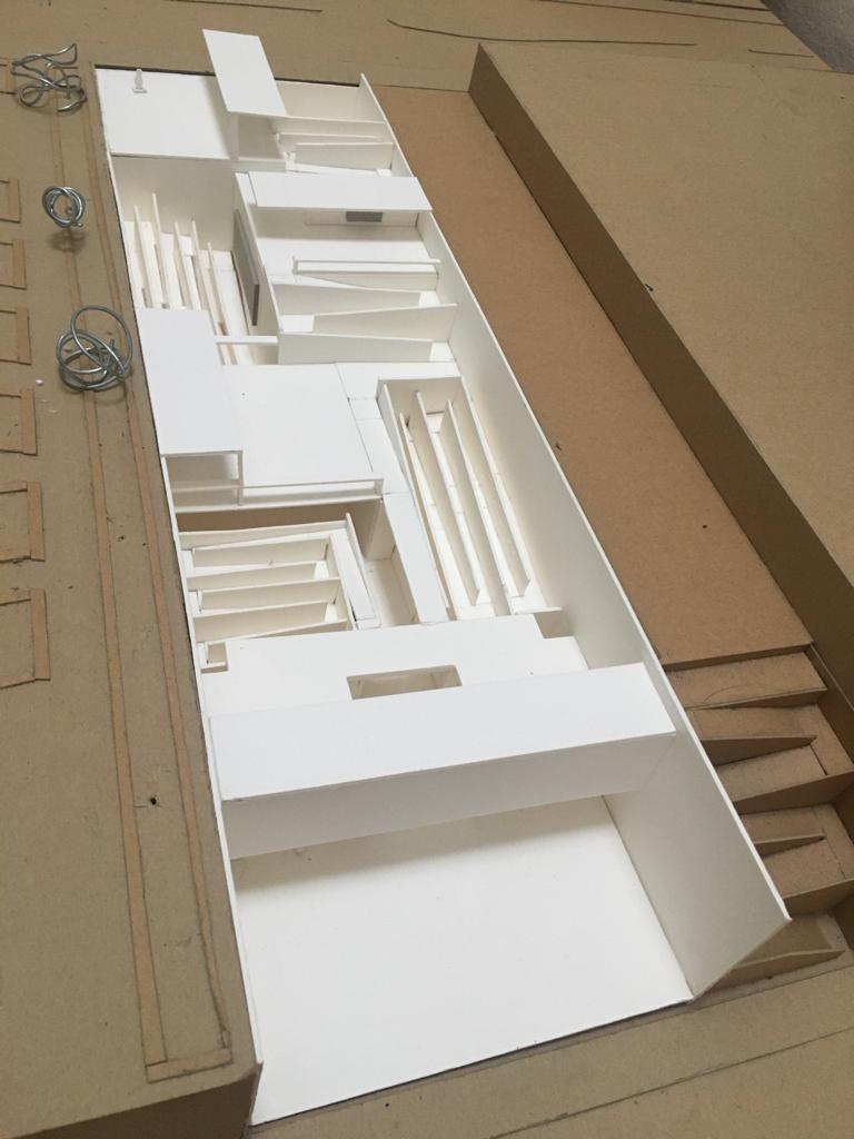 A student fabrication of a building exterior using white material