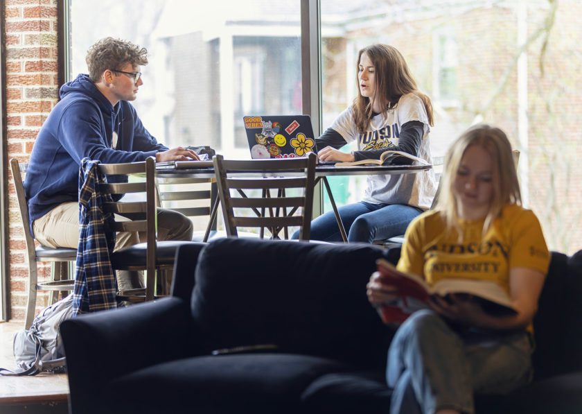 Students studying in Erie Lounge